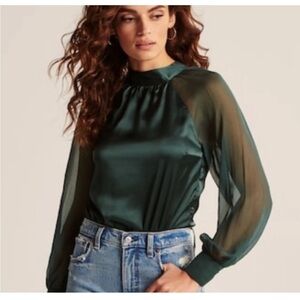 Abercrombie &‎ Fitch Satin Green Blouse Bodysuit Small Open Back Bow Mesh Sleeve